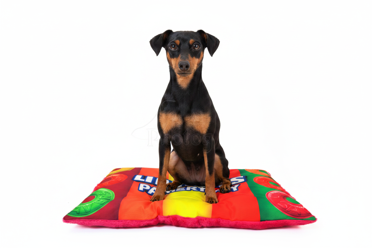 Colorful quilted pet bed with raised rim and red-orange-green graphic pattern
