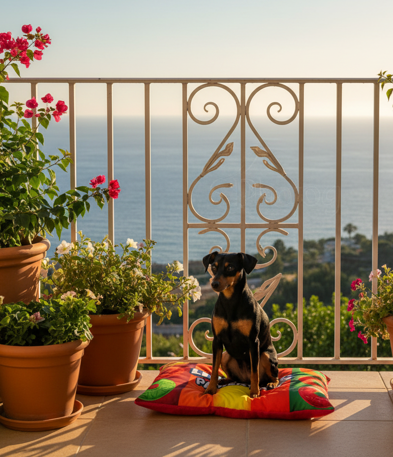 Pet bed cushion with colorful lifesaver pattern, red and yellow, on balcony