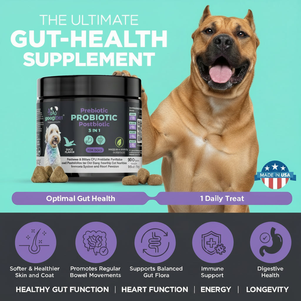 Gut-health probiotic dog chew tub with dog and visible chew treat pieces