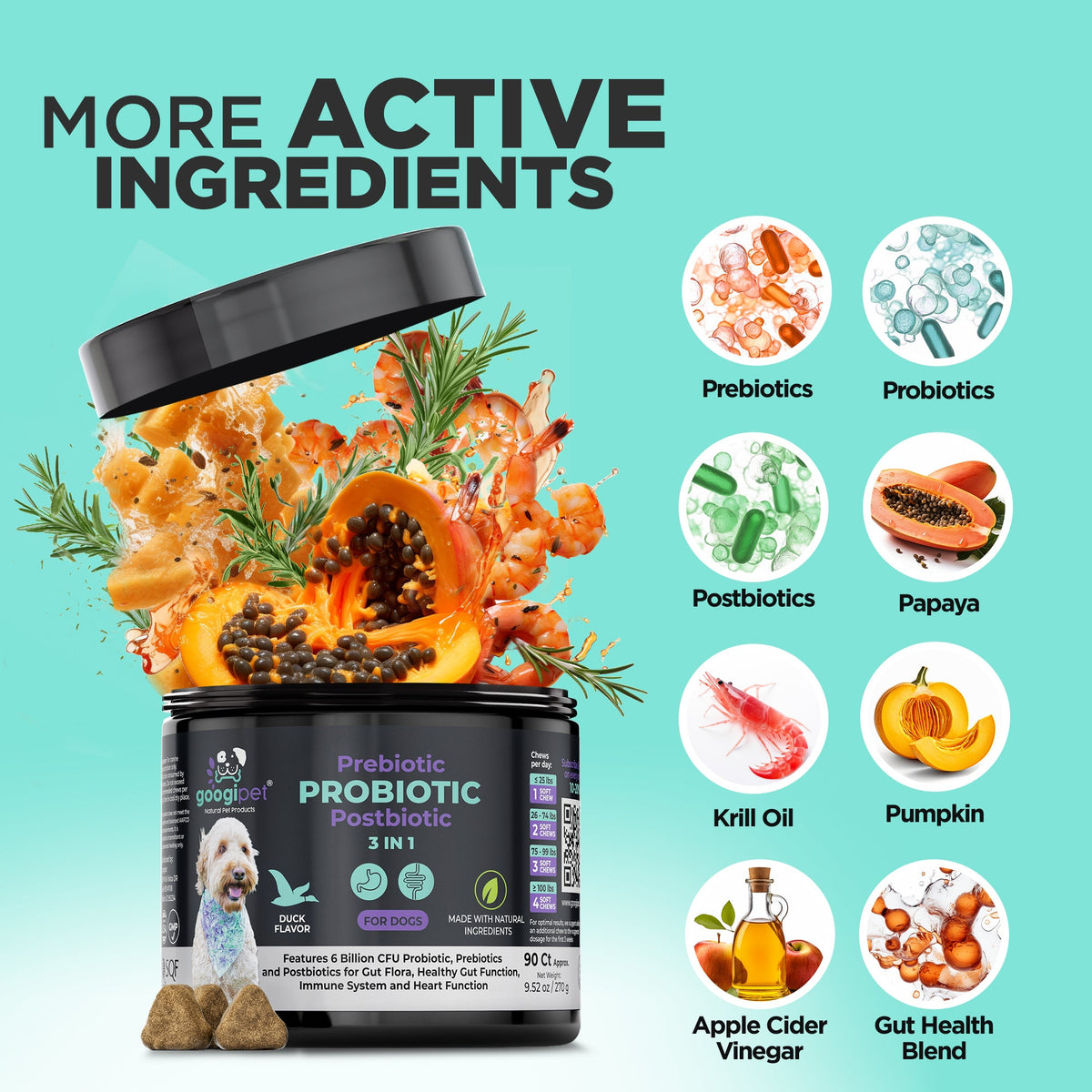 More active ingredients probiotic dog chew tub with prebiotics and probiotics icons