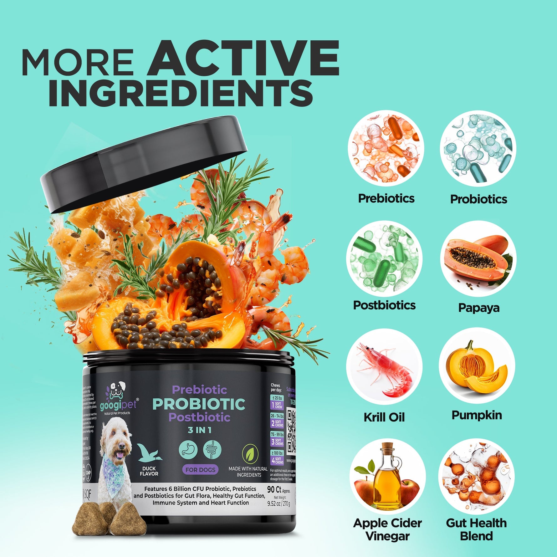 More active ingredients probiotic dog chew tub with prebiotics and probiotics icons
