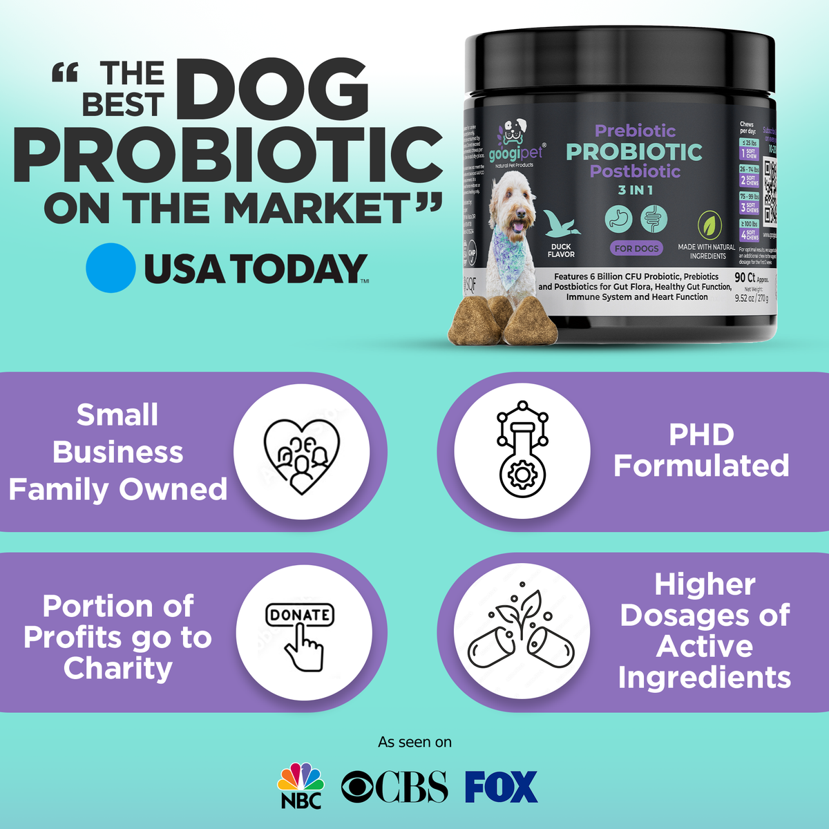 Probiotic dog chew tub with stacked chew pieces and promotional badge