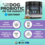 Probiotic dog chew tub with stacked chew pieces and promotional badge