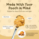 Dog peanut butter spread graphic with spoonful and callouts for protein, fiber, omega-3