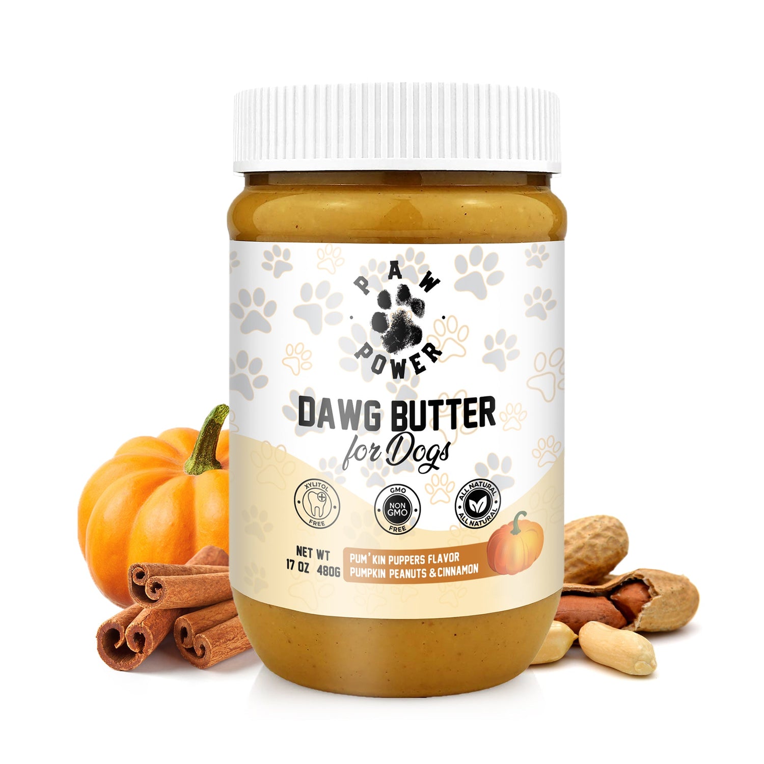 Dog peanut butter spread jar with white label and golden contents, screw-top lid