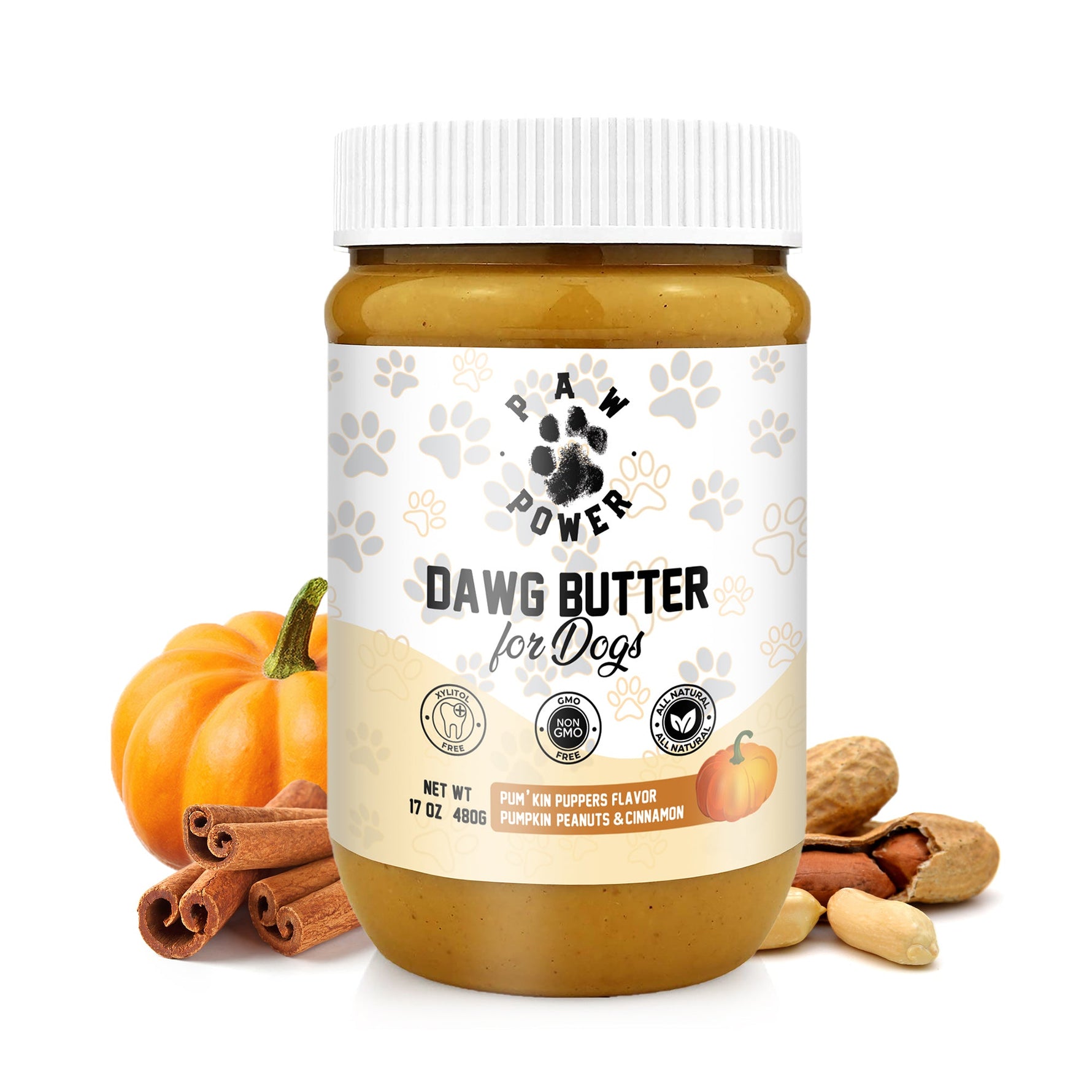 Dog peanut butter spread jar with white label and golden contents, screw-top lid