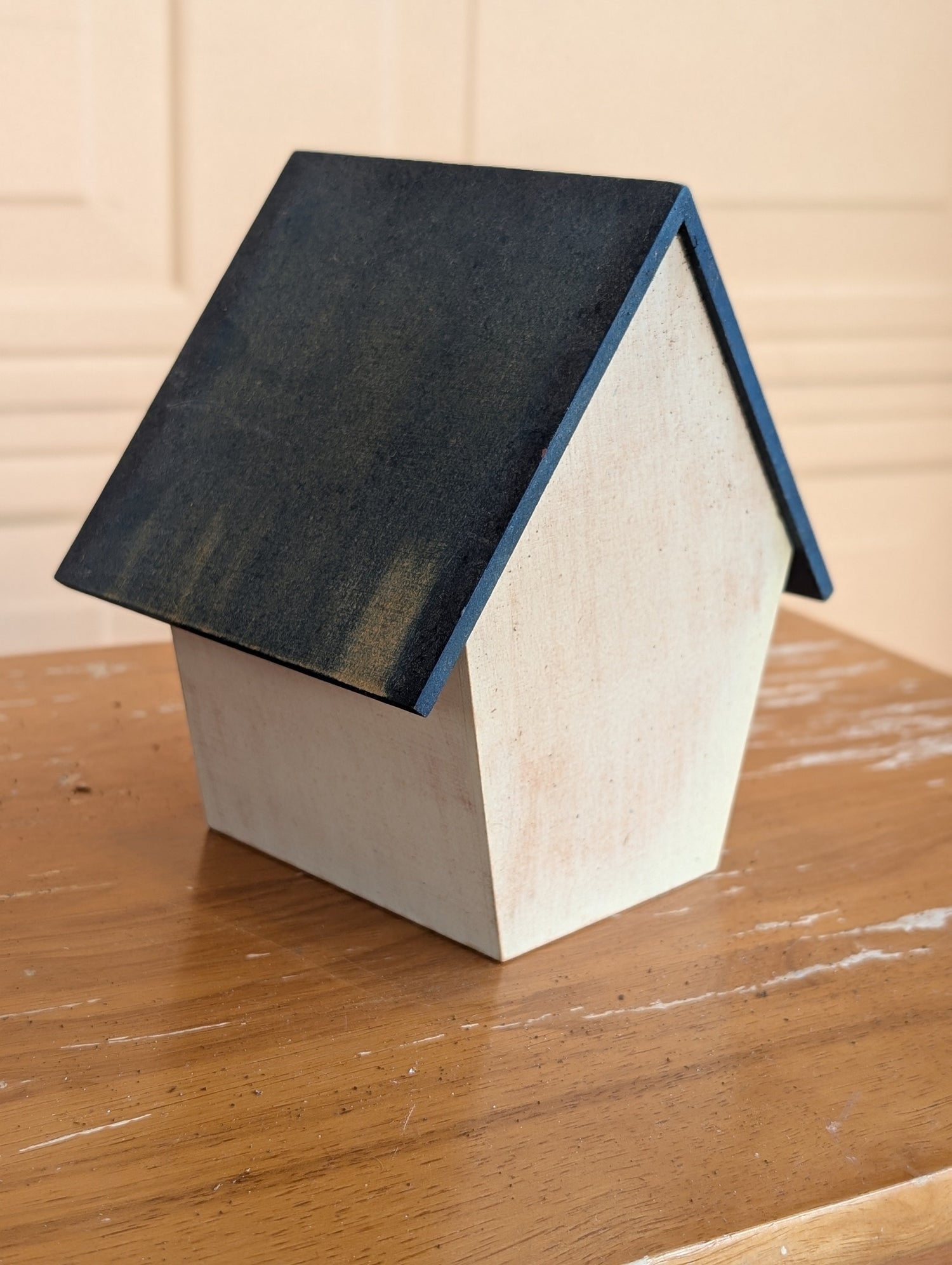 Vintage decorative handcrafted birdhouse with sitting post - white with blue roof