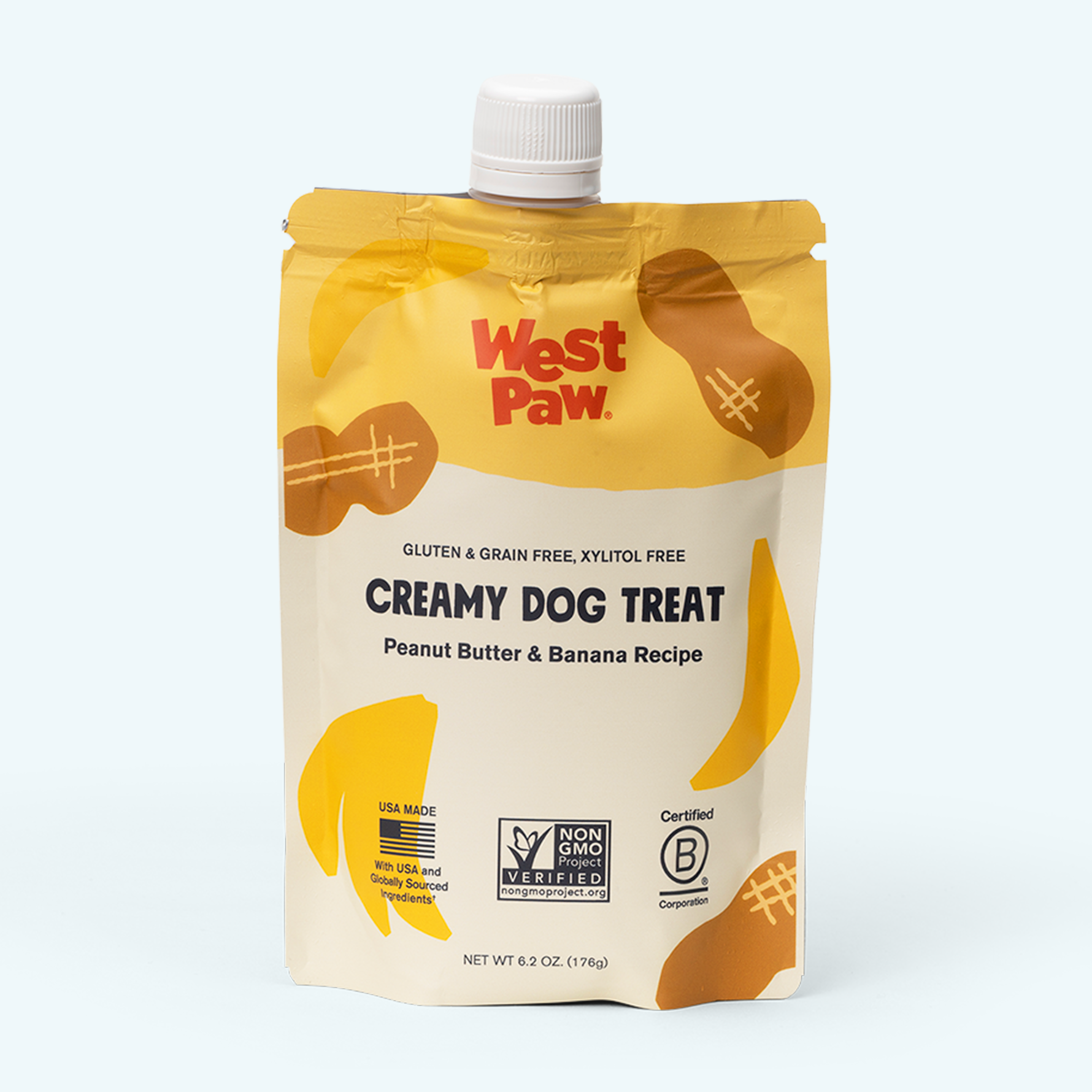 Peanut Butter & Banana creamy dog treat pouch, West Paw brand