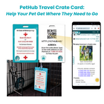 Pet travel crate card set with QR code and emergency instructions, shown with phone app