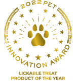 Gold paw award seal reading "Lickable Treat Product of the Year"