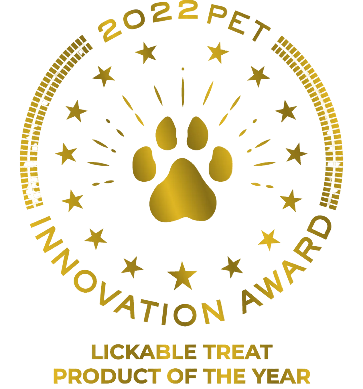 Gold paw award seal reading "Lickable Treat Product of the Year"