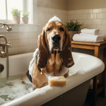 Off-white pet soap bar in bathtub suds