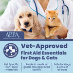 Vet-approved first aid essentials for dogs and cats with two pet portraits