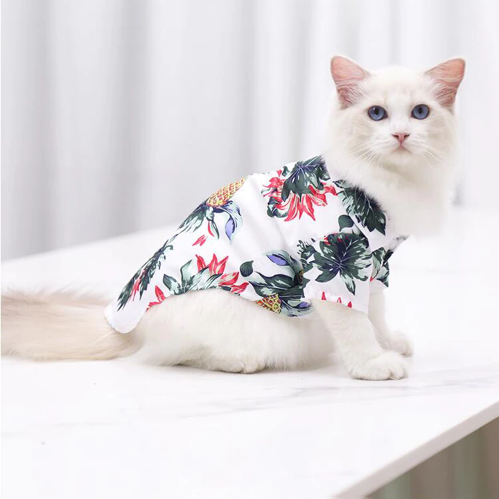 White tropical pet shirt with multicolor palm leaf and pineapple print