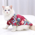 Red tropical pet shirt with multicolor palm leaf and pineapple print