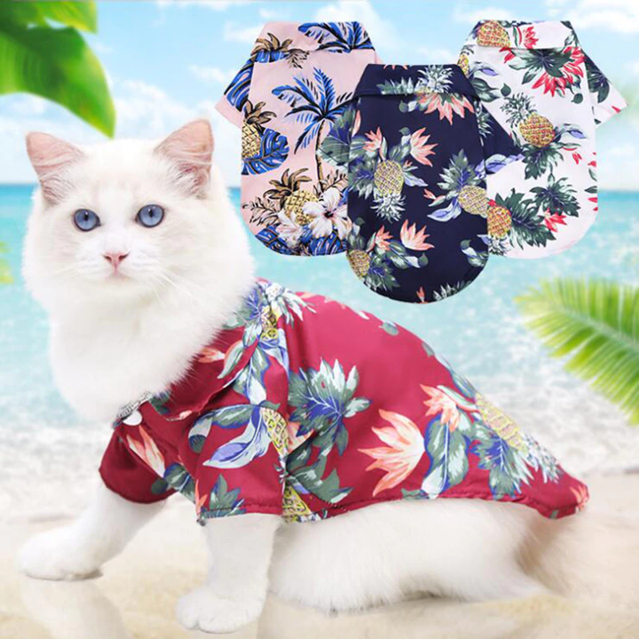 Hawaiian pet shirt, dark navy with colorful tropical prints and button front, short sleeves