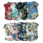 Tropical leaf and pineapple pet shirts with scalloped hem, blue, red, and white prints