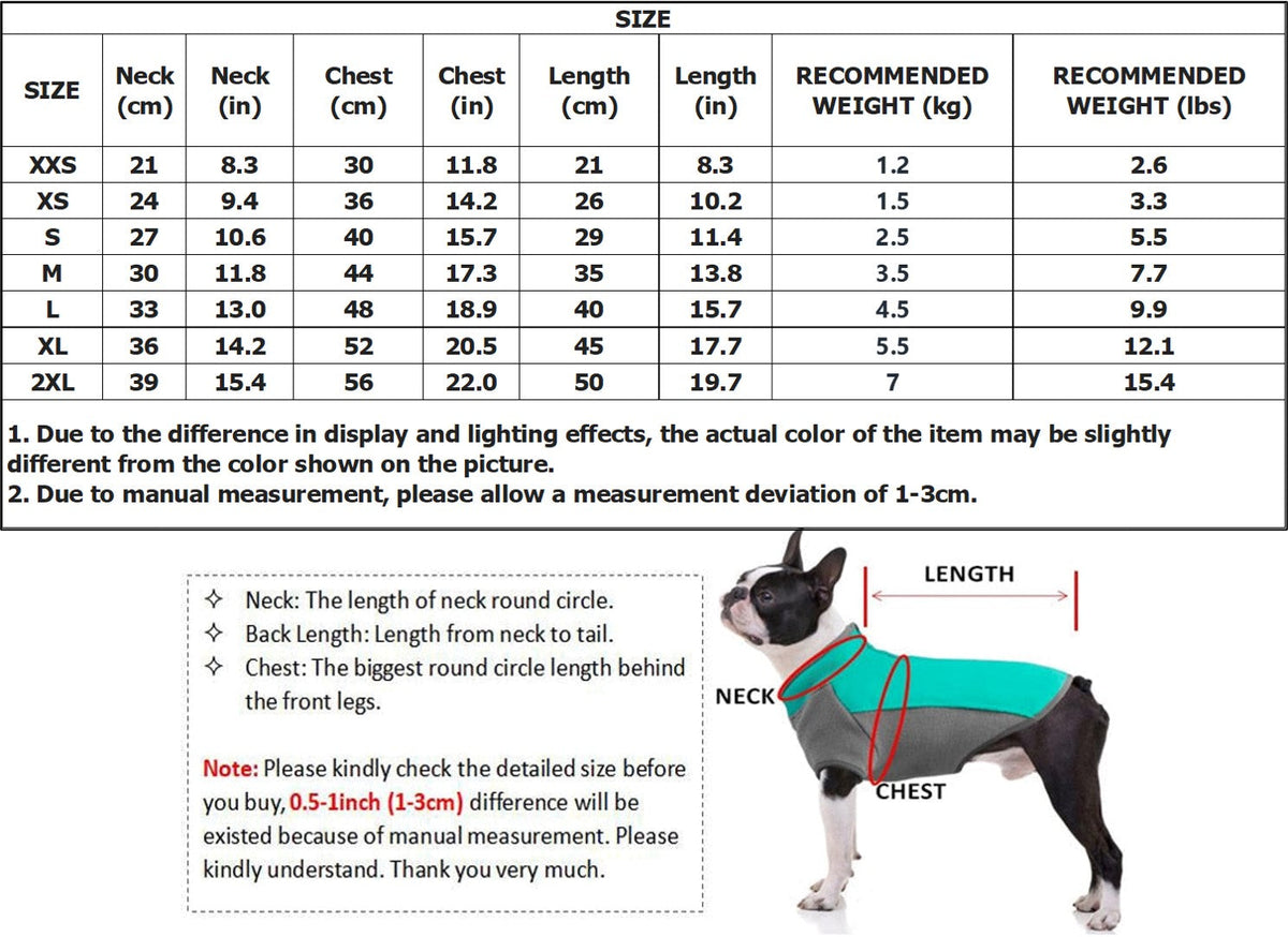 Pet hoodie size chart with neck, chest, and length measurements in cm and inches.