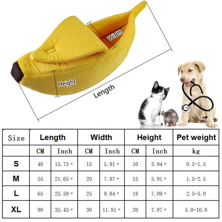 Yellow banana-shaped pet bed beside size chart with length, width, and height