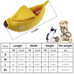 Yellow banana-shaped pet bed beside size chart with length, width, and height