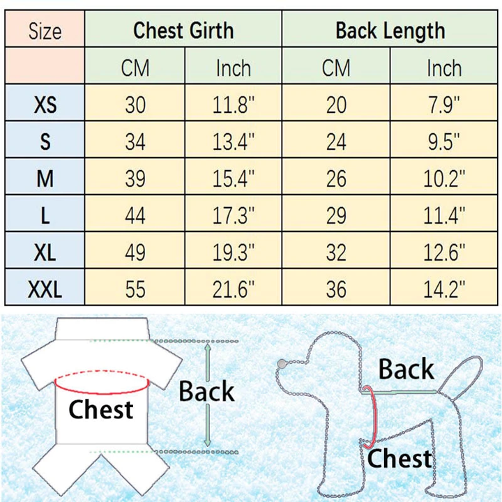 Pet shirt sizing chart diagram showing chest and back measurements