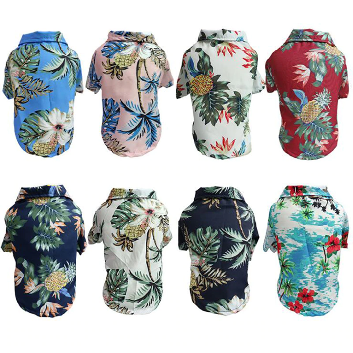 Assorted Hawaiian pet shirts with tropical print, various colors, short sleeves