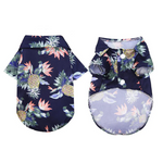 Navy tropical-print pet shirt, front and back with button closure and short sleeves