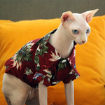 Hawaiian pet shirt in maroon with green leaf and tropical print