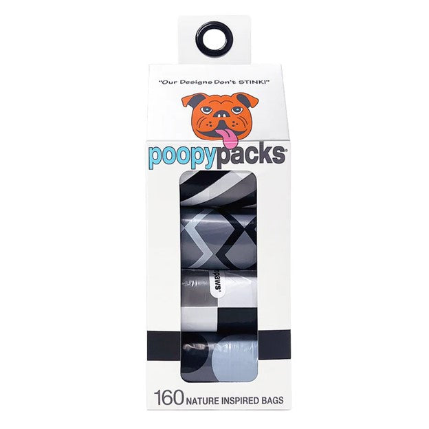 Black-and-gray patterned dog poop bag rolls package with circular carrying loop