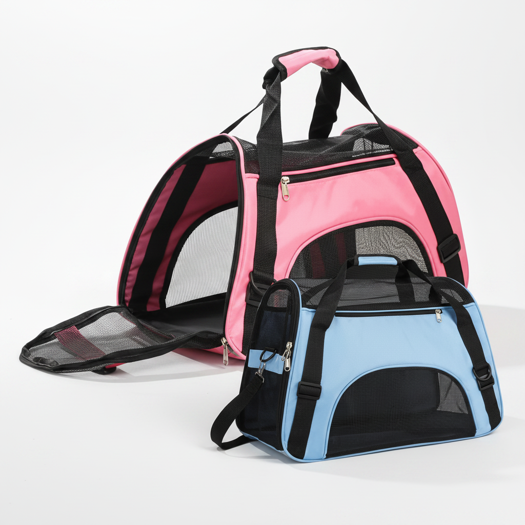 Pink and blue foldable pet carrier with black trim, front zip mesh door and side pocket