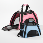 Pink and blue foldable pet carrier with black trim, front zip mesh door and side pocket