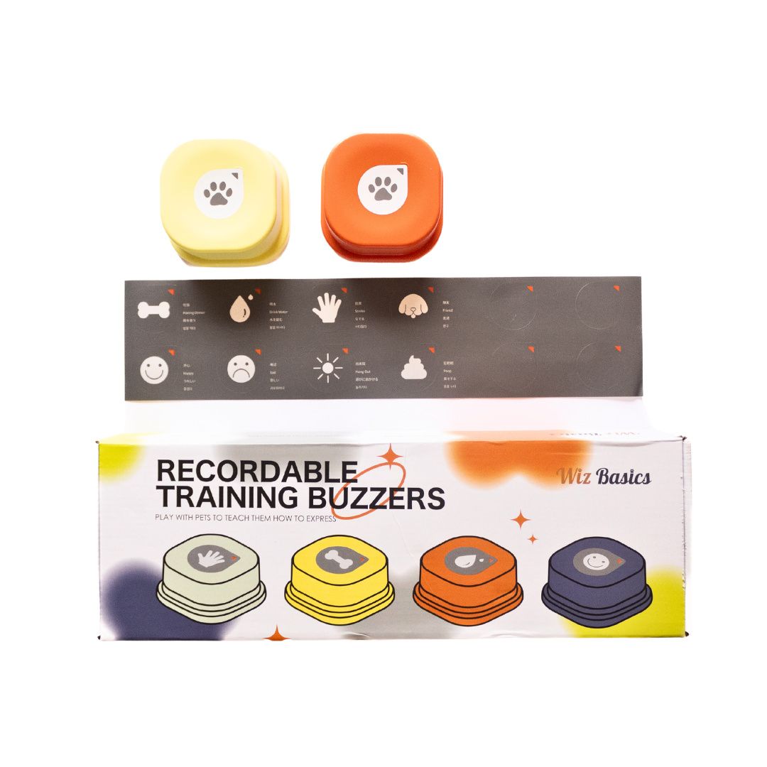 Recordable training buzzer kit box with two paw-icon buttons on top