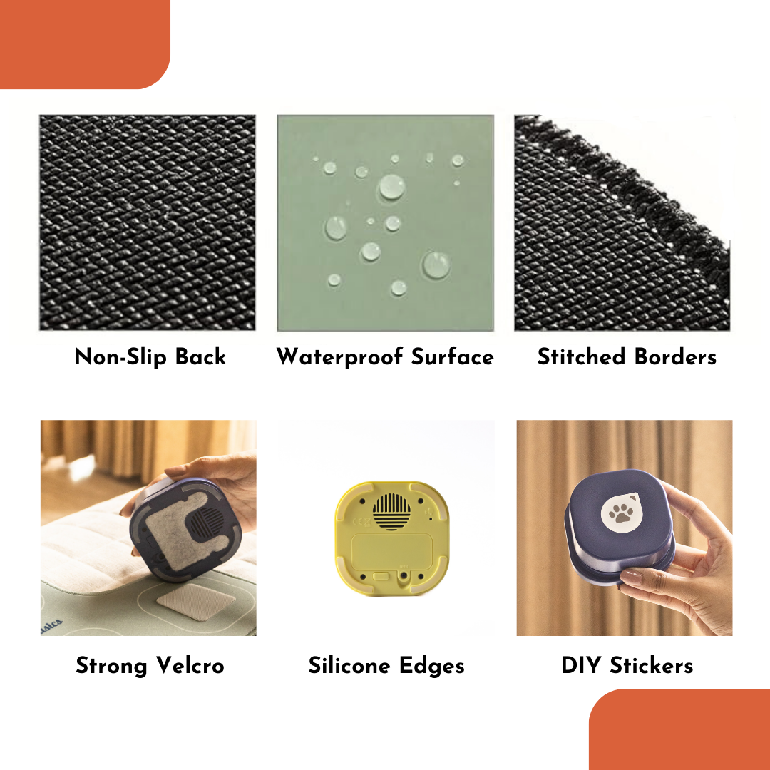 Training mat with non-slip back, waterproof surface, and stitched borders, plus stickers