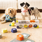 Pet training buttons on mat with three paw-icon buttons near a fourth button