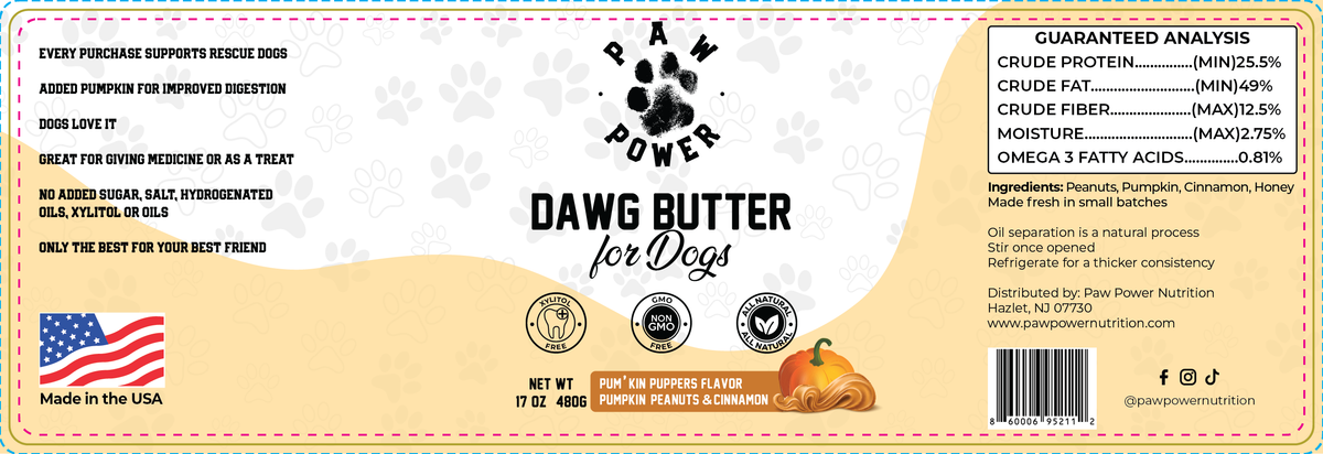 Dog peanut butter spread label panel with ingredients, guarantees, and barcode
