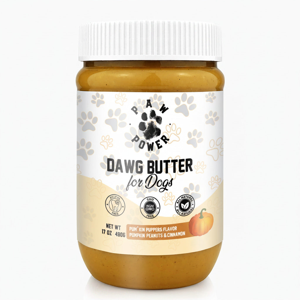 Dog peanut butter spread jar with front label and golden peanut-butter filling