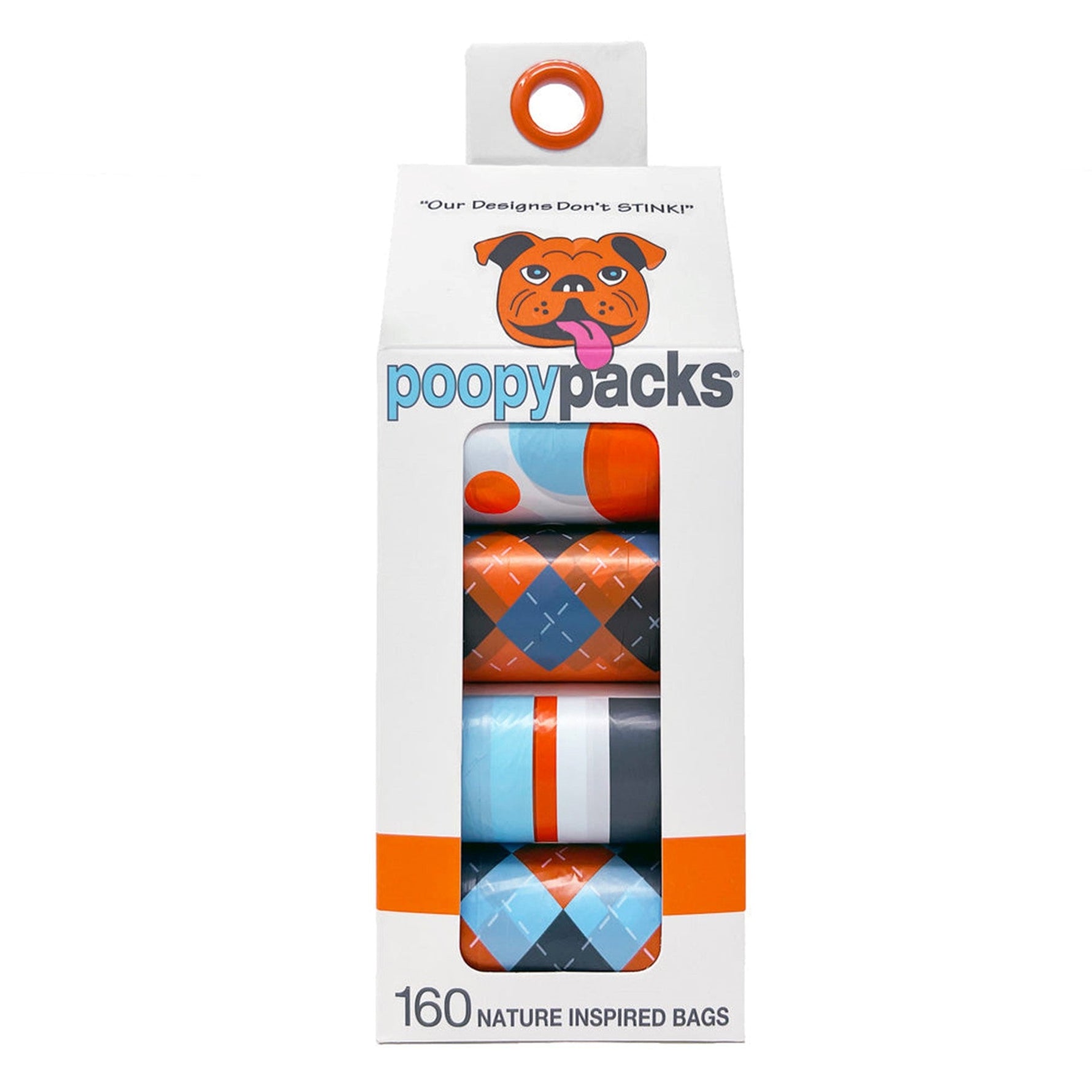 Orange-and-blue patterned dog poop bag rolls package with circular carrying loop