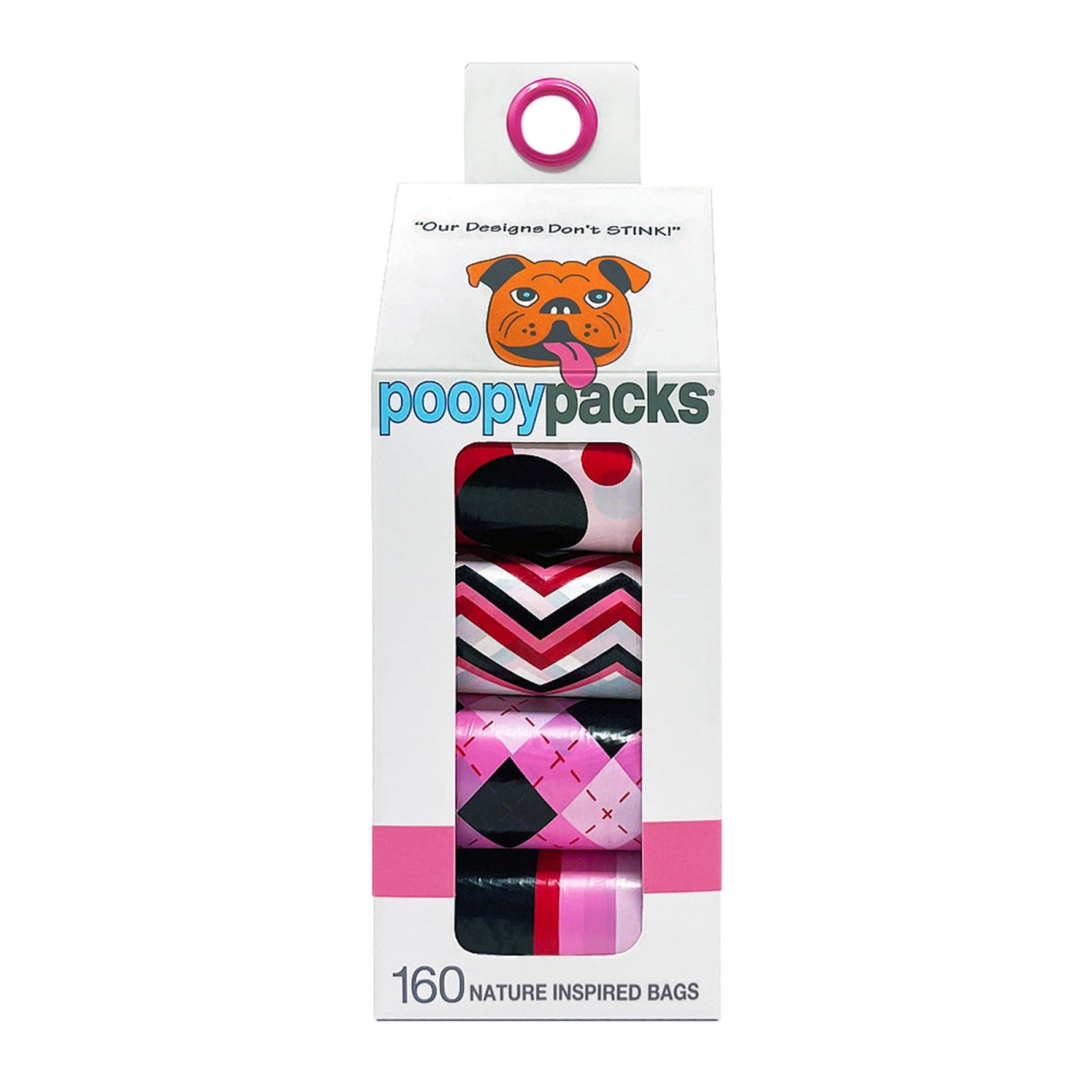Pink-and-black patterned dog poop bag rolls package with circular carrying loop