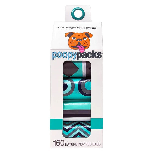 Teal-striped dog poop bag rolls package with circular carrying loop