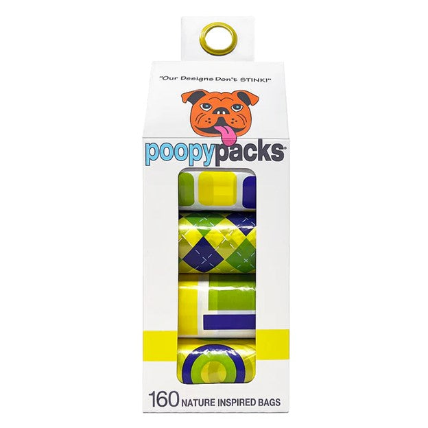 Green-and-yellow patterned dog poop bag rolls package with circular carrying loop