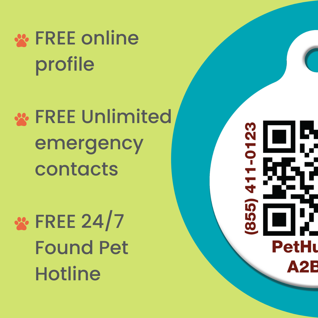 Pet identification card text: free online profile, unlimited emergency contacts, found pet hotline
