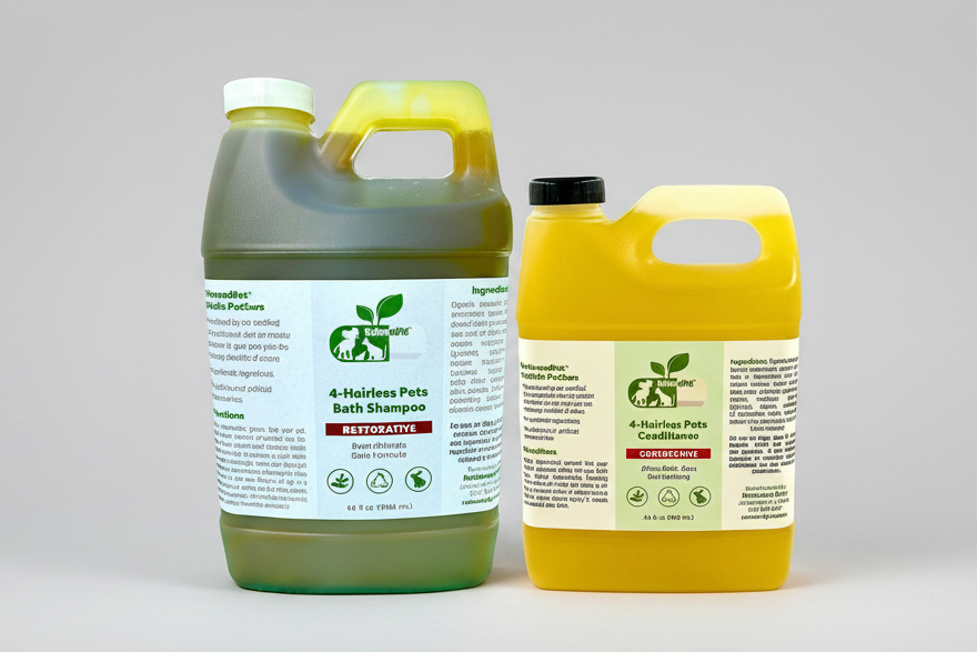Pet shampoo and conditioner set with green and yellow jugs on a clean studio setup.