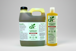 Pet shampoo and conditioner set with large green jug and smaller yellow bottle.
