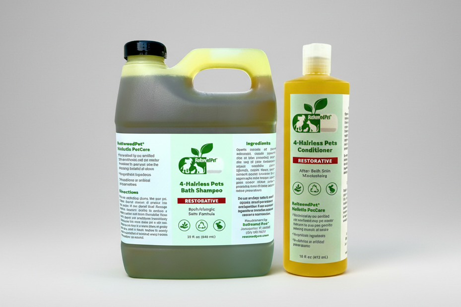 Pet shampoo and conditioner set with large green jug and smaller yellow bottle.