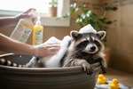 Pet bath shampoo and conditioner bottles with hands washing a pet in a tub, dark and gold.