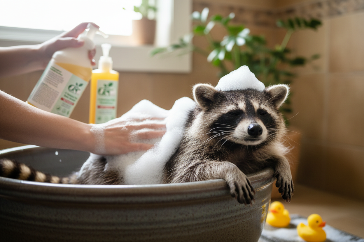 Pet bath shampoo and conditioner bottles with hands washing a pet in a tub, dark and gold.
