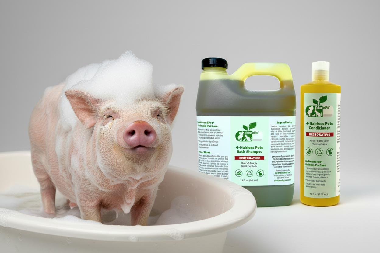 Pet bath shampoo and conditioner bottles with pig in a tub; green and yellow jugs.
