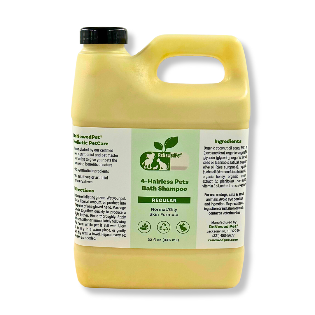 Pet bath shampoo jug, yellow bottle with handle and black cap, Regular formula front label