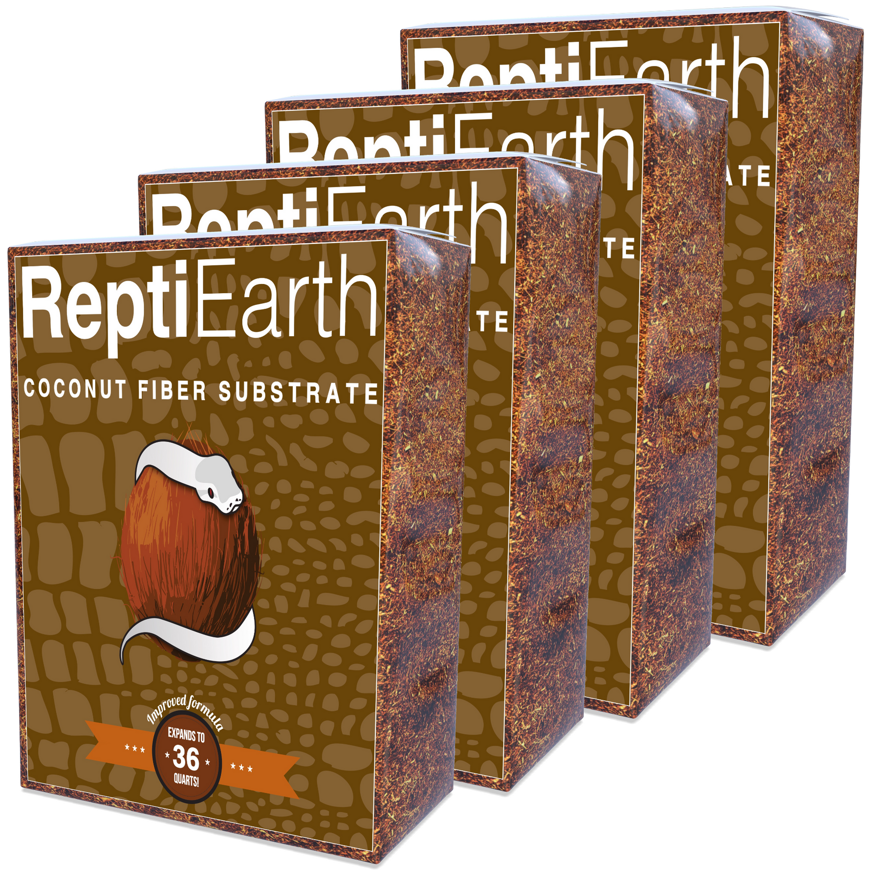 Front stack of ReptiEarth coconut fiber substrate mix boxes