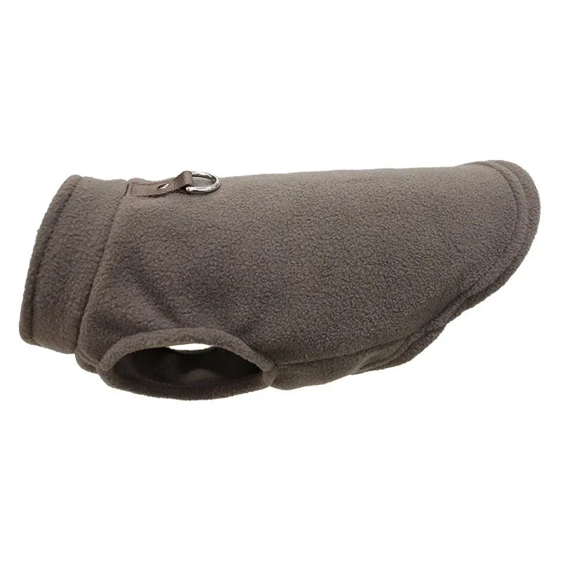 Brown fleece pet jacket with D-ring leash ring and side opening